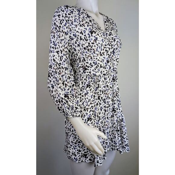 Zara Minidress Medium Leopard Print White Black Gray Ruffled V-Neck 3/4 Sleeve - Picture 4 of 11